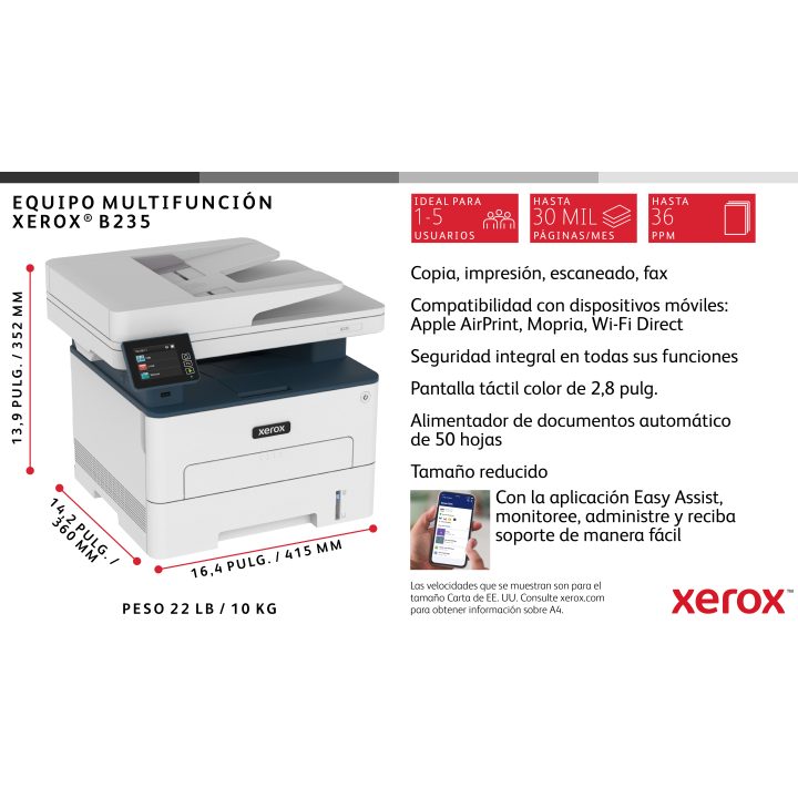 Xerox B235 A4 34 ppm Sem Fios Cópia/Impressão/Scanning/Fax PS3…