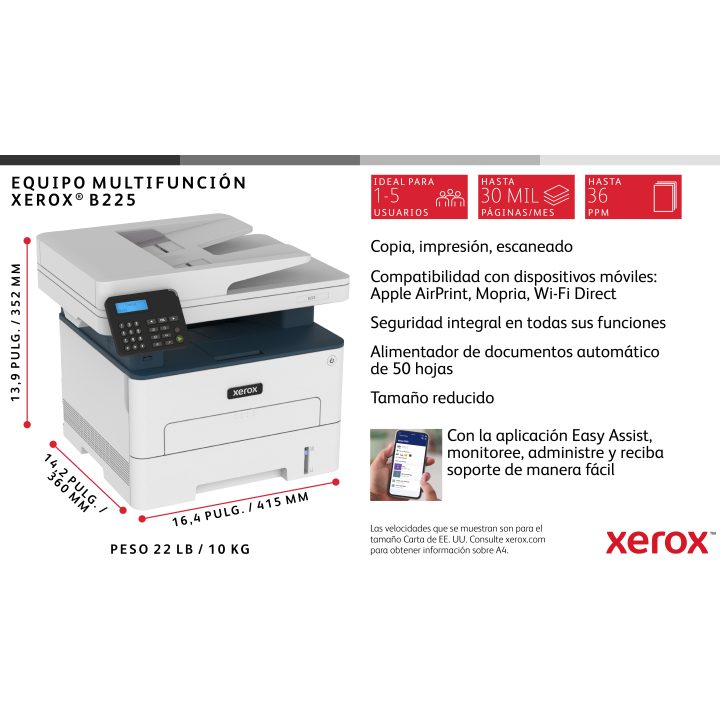 Xerox B225 A4 34 ppm Wireless Duplex Copy/Print/Scan PS3 PCL5e/6 ADF…