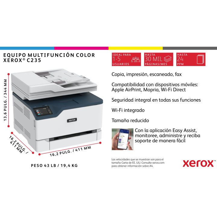 Xerox C235 A4 22 ppm Wireless Copy/Print/Scan/Fax PS3 PCL5e/6 ADF 2…
