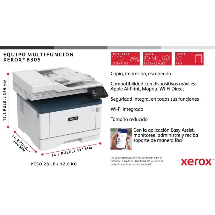 Xerox B305 A4 38 ppm Sem Fios Duplex Cópia/Impressão/Scan/Fax PS3…