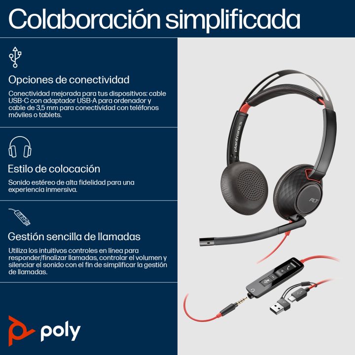 Auscultadores de arco com fios Poly Blackwire 5220 estéreo
