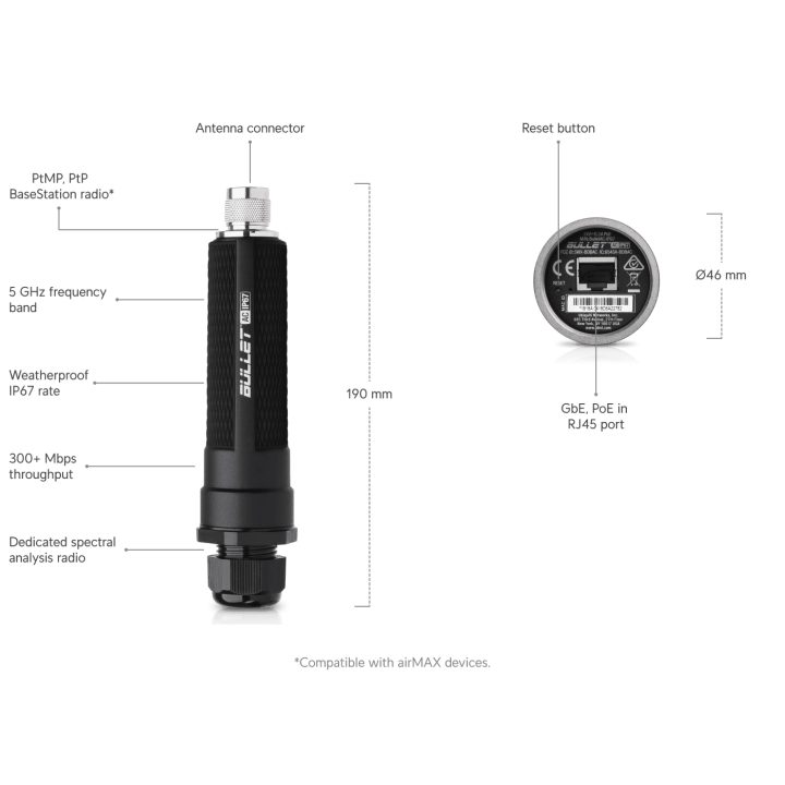 Ubiquiti BULLETAC-IP67 ponto de acesso sem fios Preto Alimentação por…