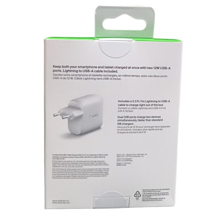 Belkin WCD001VF1MWH 24W 2x USB Type-A Charger + 1m Lightning to USB…