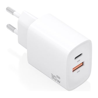 AISENS Carregador GaN 30W, 1xUSB-C PD3.0 QC4.0, 1xUSB-A QC3.0, Branco