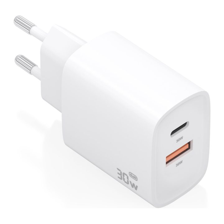 AISENS Cargador GaN 30W, 1xUSB-C PD3.0 QC4.0, 1xUSB-A QC3.0, Blanco