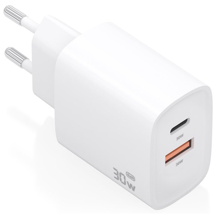 AISENS GaN Charger 30W, 1xUSB-C PD3.0 QC4.0, 1xUSB-A QC3.0, White