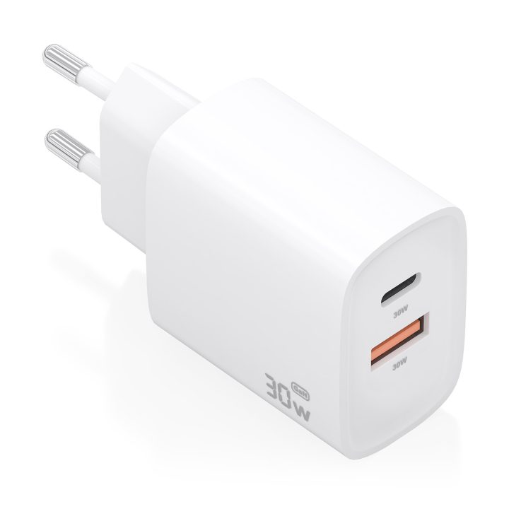 AISENS GaN Charger 30W, 1xUSB-C PD3.0 QC4.0, 1xUSB-A QC3.0, White