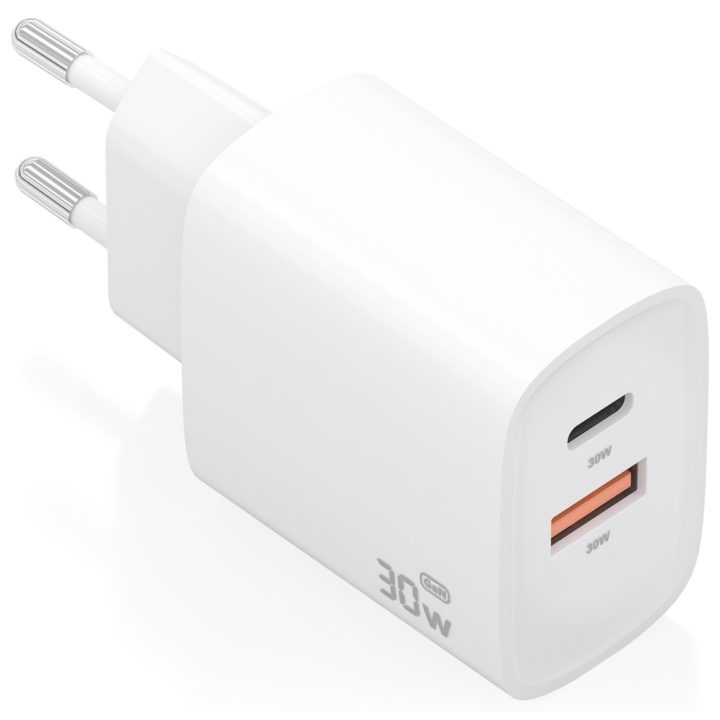 AISENS GaN Charger 30W, 1xUSB-C PD3.0 QC4.0, 1xUSB-A QC3.0, White