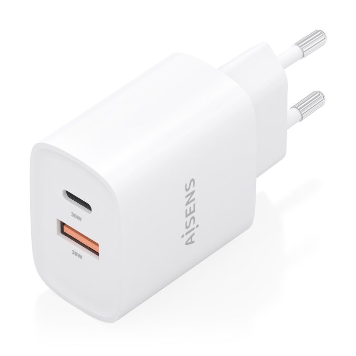 AISENS GaN Charger 30W, 1xUSB-C PD3.0 QC4.0, 1xUSB-A QC3.0, White