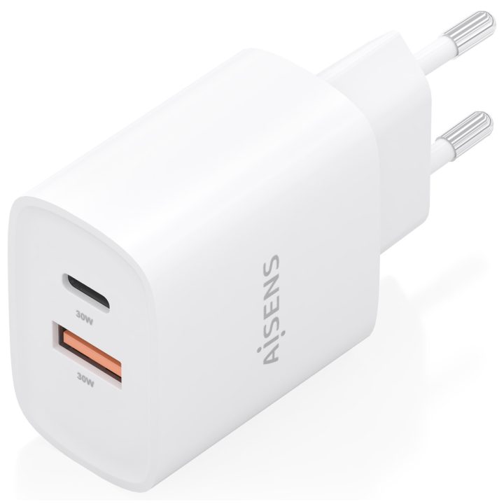 AISENS GaN Charger 30W, 1xUSB-C PD3.0 QC4.0, 1xUSB-A QC3.0, White