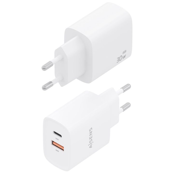 AISENS GaN Charger 30W, 1xUSB-C PD3.0 QC4.0, 1xUSB-A QC3.0, White