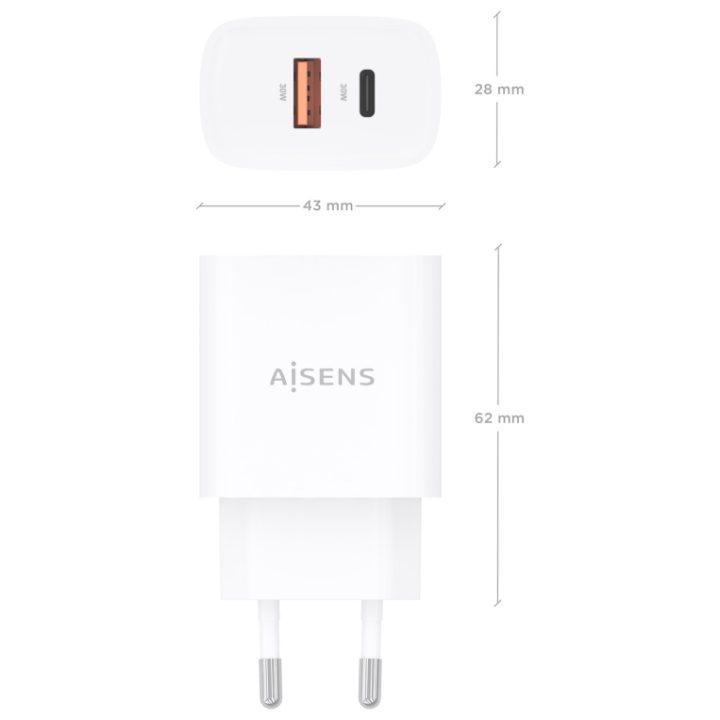 AISENS Carregador GaN 30W, 1xUSB-C PD3.0 QC4.0, 1xUSB-A QC3.0, Branco
