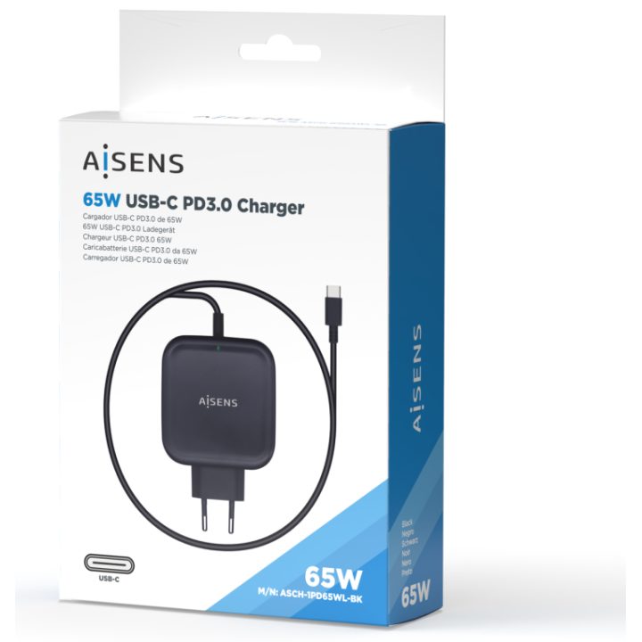 AISENS 65W PD3.0 QC3.0 Charger 1XUSB-C 1.2M, Black
