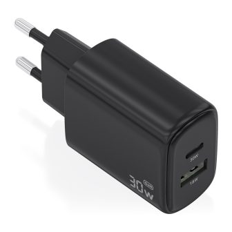 AISENS GaN 30W Charger, 1xUSB-C PD3.0 QC4.0, 1xUSB-A QC3.0, Black