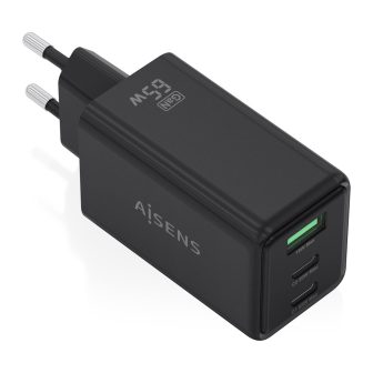 AISENS Carregador GaN 65W, 2xUSB-C PD3.0 QC4.0, 1xUSB-A QC3.0, Preto