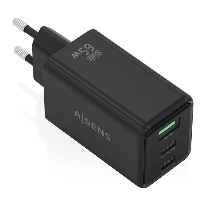 AISENS GaN Charger 65W, 2xUSB-C PD3.0 QC4.0, 1xUSB-A QC3.0, Black
