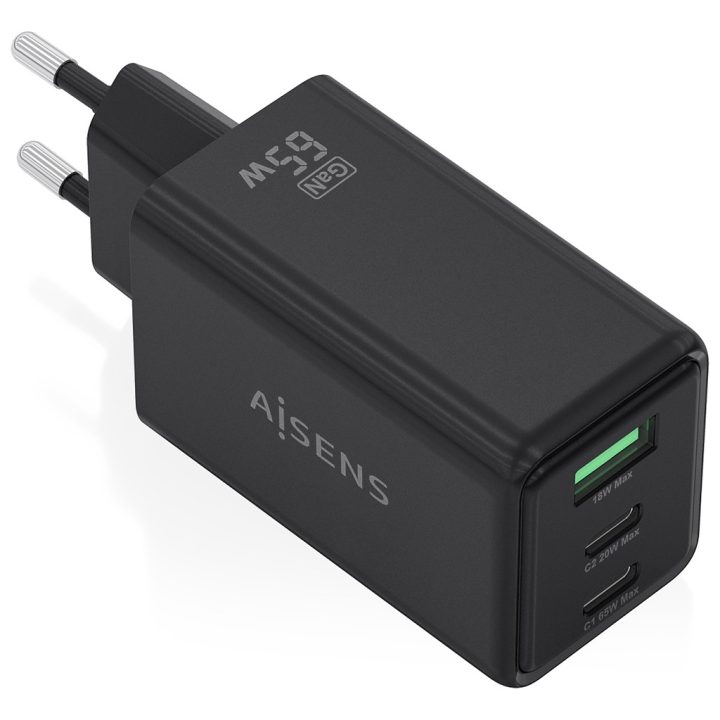 AISENS Carregador GaN 65W, 2xUSB-C PD3.0 QC4.0, 1xUSB-A QC3.0, Preto