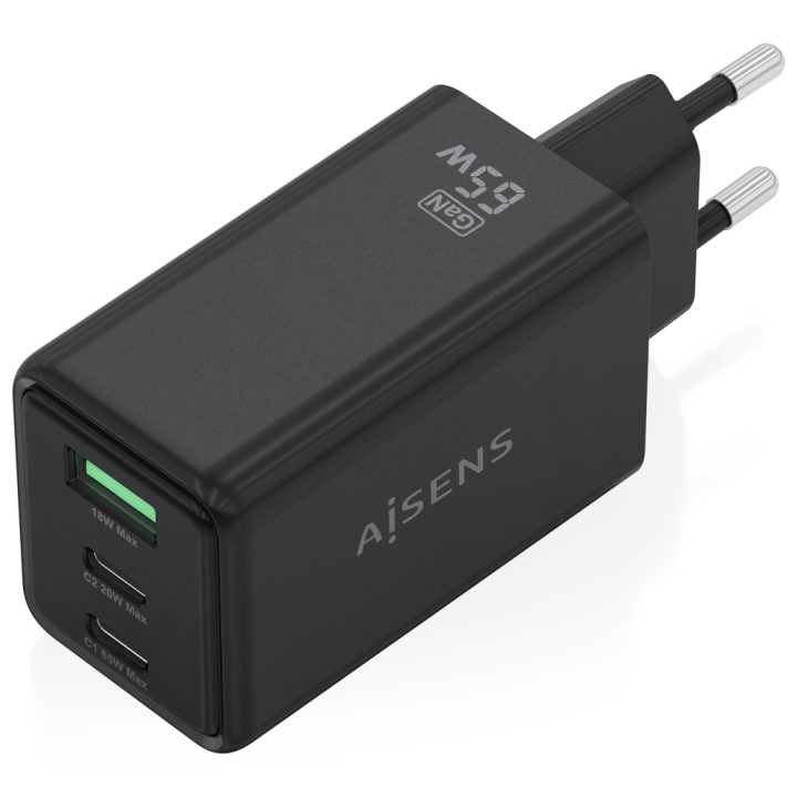 AISENS GaN Charger 65W, 2xUSB-C PD3.0 QC4.0, 1xUSB-A QC3.0, Black