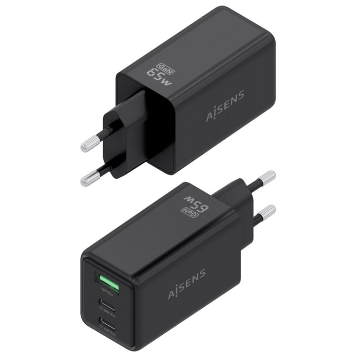AISENS Carregador GaN 65W, 2xUSB-C PD3.0 QC4.0, 1xUSB-A QC3.0, Preto
