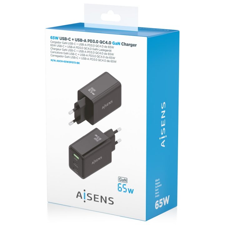 AISENS GaN Charger 65W, 2xUSB-C PD3.0 QC4.0, 1xUSB-A QC3.0, Black