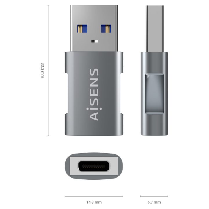 AISENS Mini USB 3.2 GEN2 10G 3A Adapter, USB-C/H-A/M, Gray