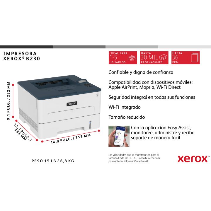 Xerox B230 A4 34 ppm Wireless Duplex Printer PCL5e/6 2 Trays Total…