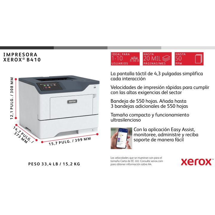 Xerox B410 A4 47 ppm Duplex Printer PS3 PCL5e/6 2 Trays 650 Sheets…
