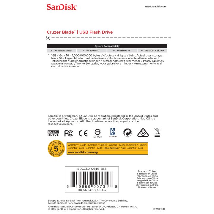 SanDisk SDCZ50-064G-B35 USB 2.0 Flash Drive C.Blade 64GB