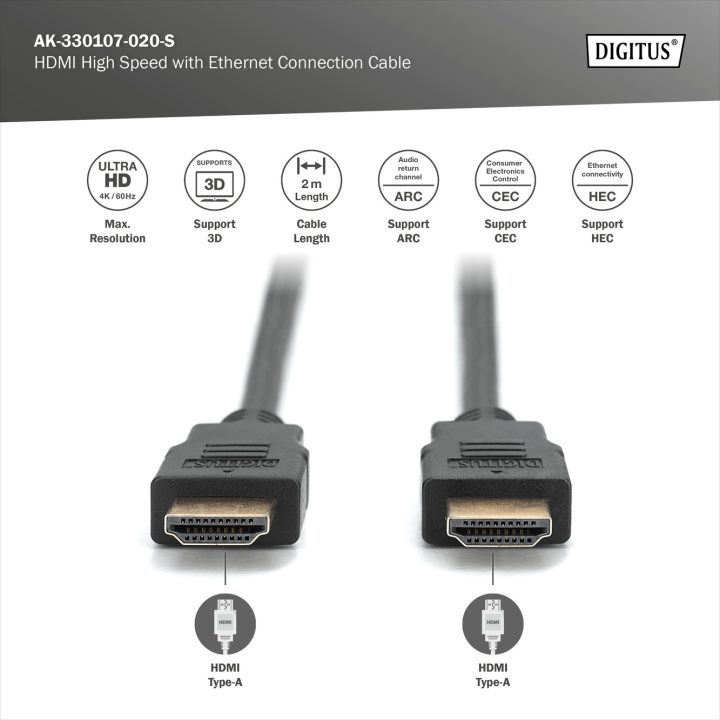 Digitus AK-330107-020-S High Speed HDMI Cable with Ethernet 2m Black…