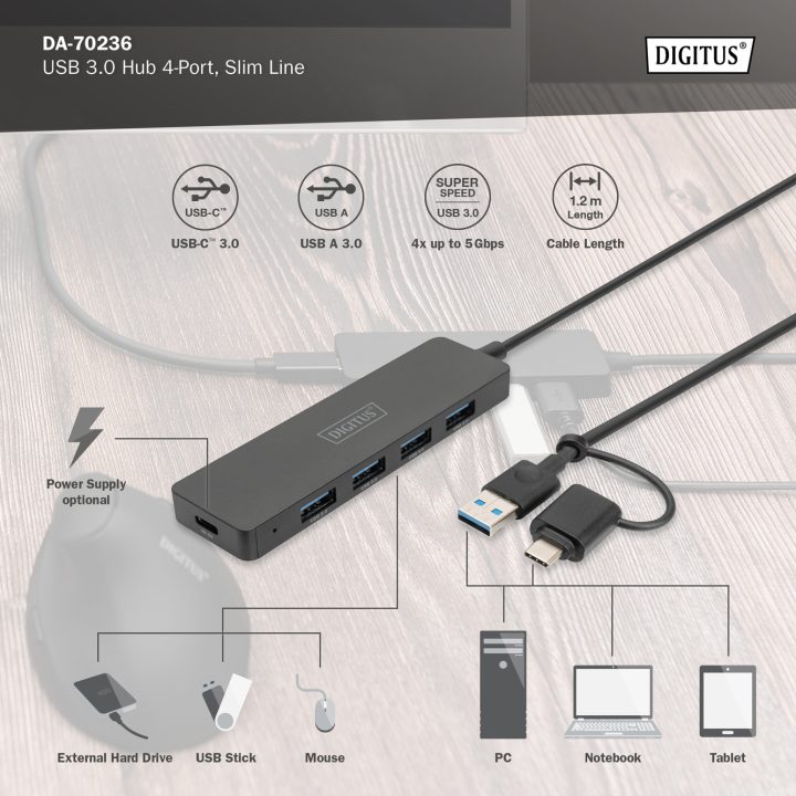 Hub de interface Digitus DA-70236 USB 3.2 Gen 1 (3.1 Gen 1) Type-A +…
