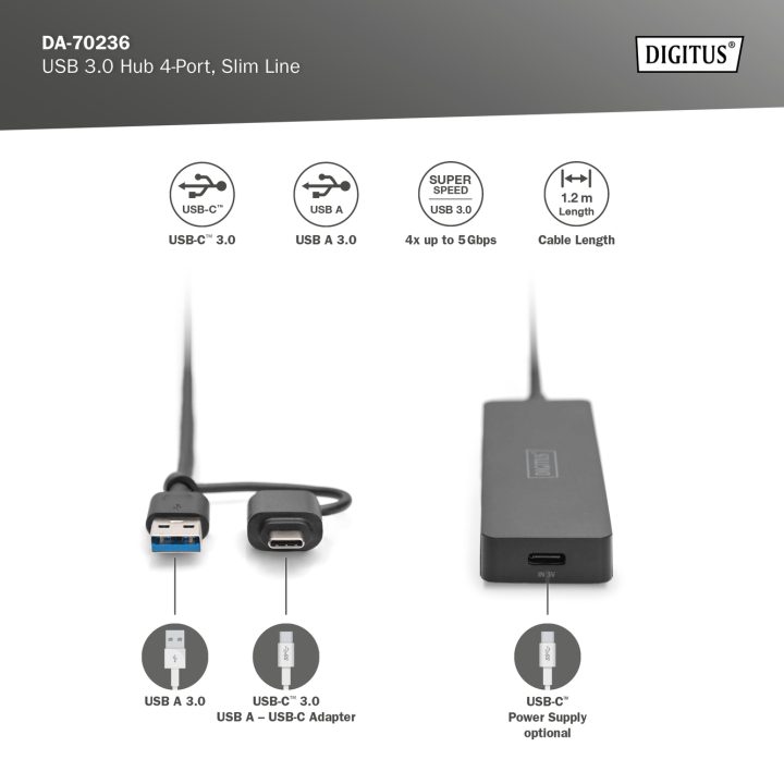 Digitus DA-70236 hub de interfaz USB 3.2 Gen 1 (3.1 Gen 1) Type-A +…