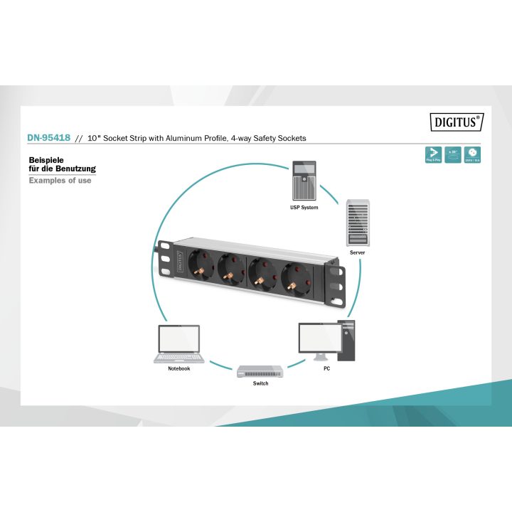 Digitus DN-95418 Power Distribution Unit (PDU) 4 AC Outlets 0U/1U…