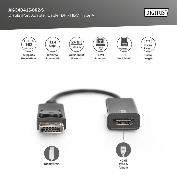 Digitus AK-340415-002-S adaptador de cable de vídeo 0,2 m HDMI tipo A…