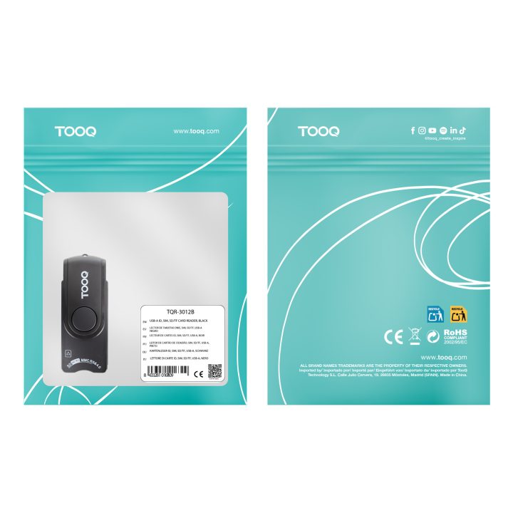 TooQ Smart Card Reader, Electronic ID, SIM, SD, SF, USB-A, Black