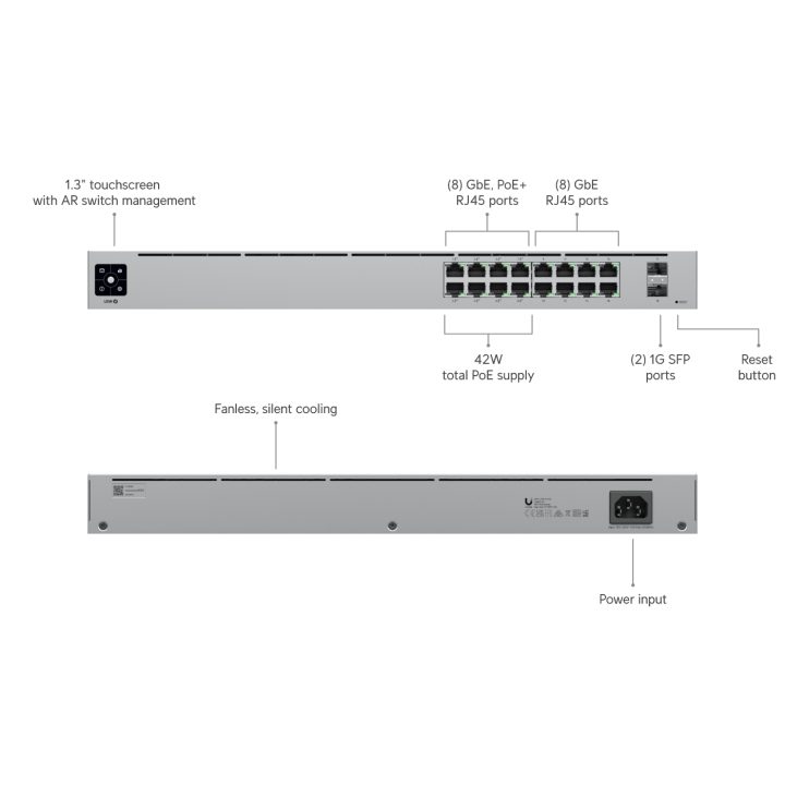 Switch 16 puertos Ubiquiti susw-16-PoE Gigabit l2 2ptos SFP POEX8 42W