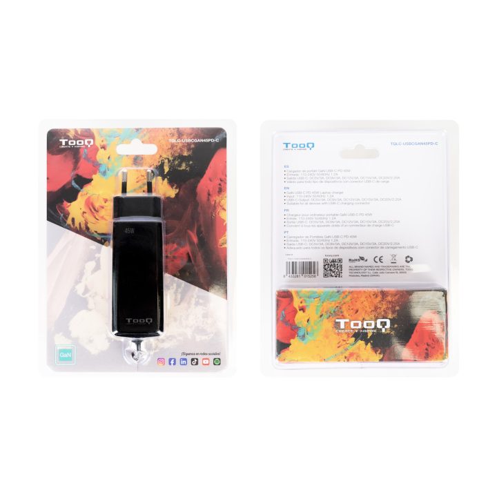 TooQ Carregador de portátil GAN USB-C PD 45W, Preto