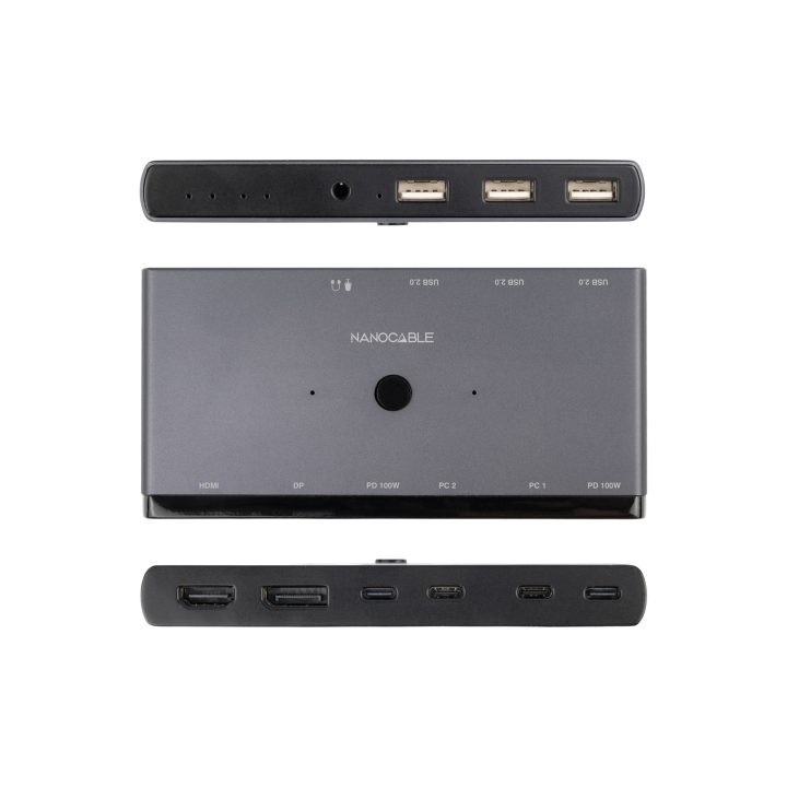 Nanocable Switch Conmutador KVM 2x USB-C a 3xUSB-A+2xPD+HDMI+DP+Audio