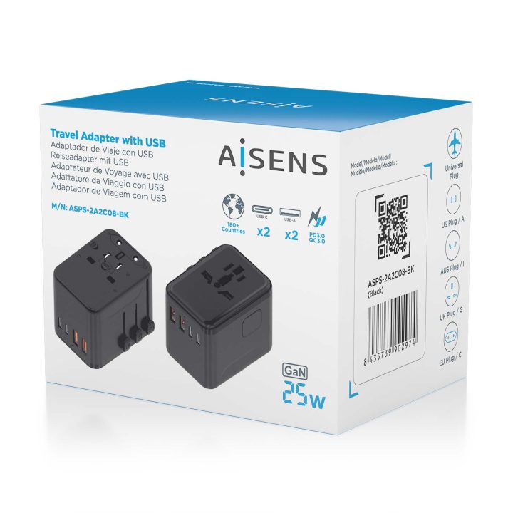 AISENS Universal Travel Power Adapter EU/USA/UK/AU with USB GaN…