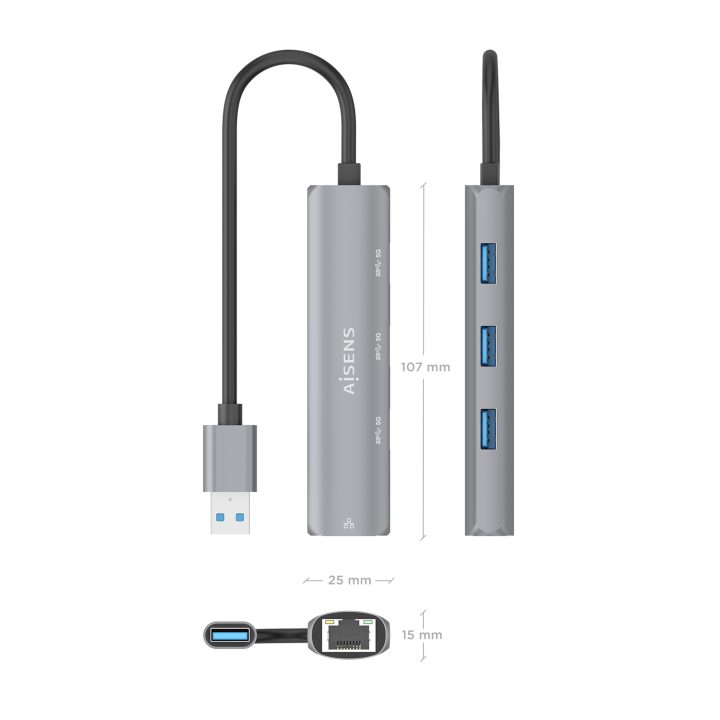 AISENS USB3.0 Dock USB-A para Ethernet Gigabit + Hub 3xUSB-A…