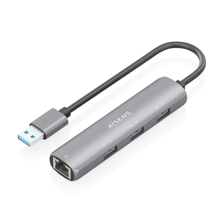 AISENS USB3.0 Dock USB-A to Ethernet Gigabit + Hub 3xUSB-A, Gray, 15cm