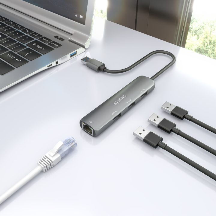 AISENS USB3.0 Dock USB-A to Ethernet Gigabit + Hub 3xUSB-A, Gray, 15cm