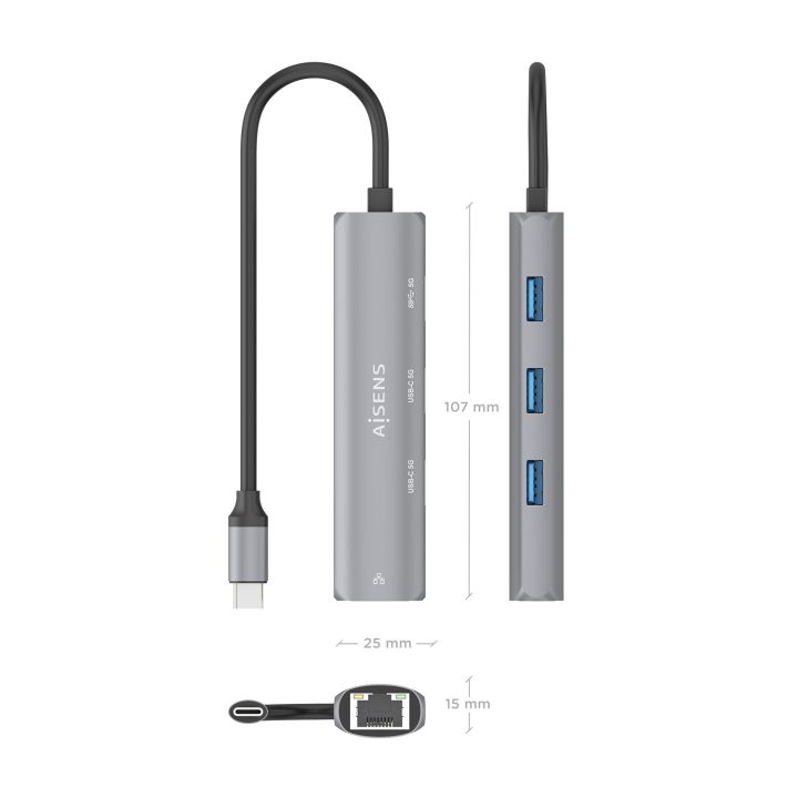 AISENS USB-C Dock to Gigabit Ethernet + Hub 2xUSB-C+1xUSB-A, Gray…