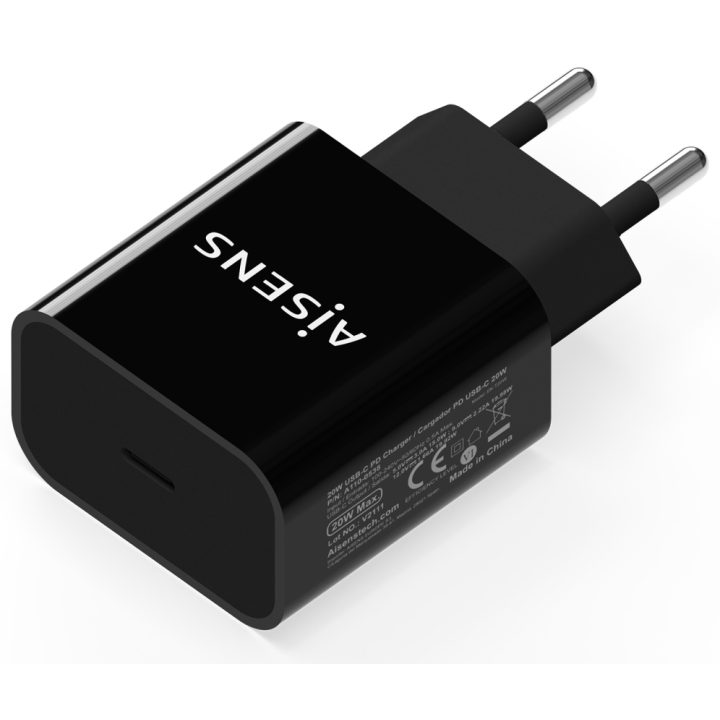 Carregador AISENS USB-C PD3.0 1 Porta 1x USB-C 20 W, Preto