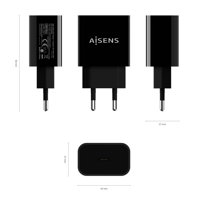AISENS USB-C PD3.0 Charger 1 Port 1x USB-C 20 W, Black