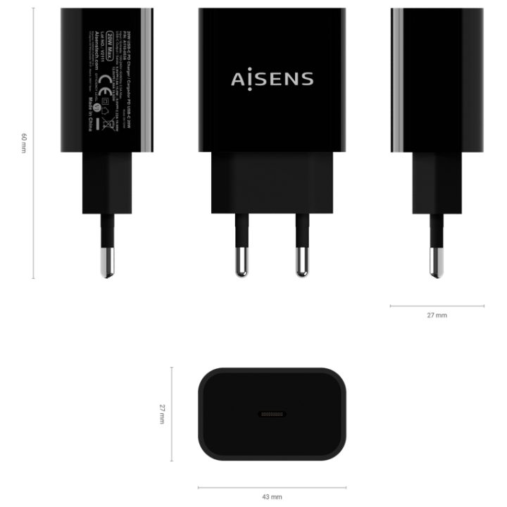 AISENS USB-C PD3.0 Charger 1 Port 1x USB-C 20 W, Black