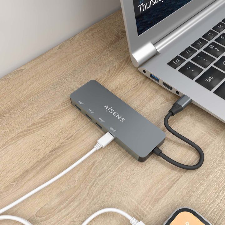 AISENS Hub USB 3.2 Gen2 10G USB-C, USB-C/M-4xUSB-C/H, Cinzento, 15cm