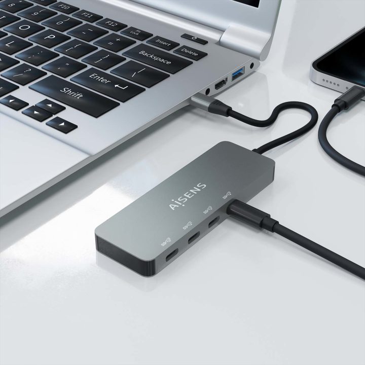 AISENS Hub USB 3.2 Gen2 10G USB-C, USB-C/M-4xUSB-C/H, Cinzento, 15cm