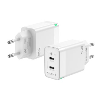 AISENS 45W GaN Charger, 2xUSB-C PD3.0 QC4.0, White