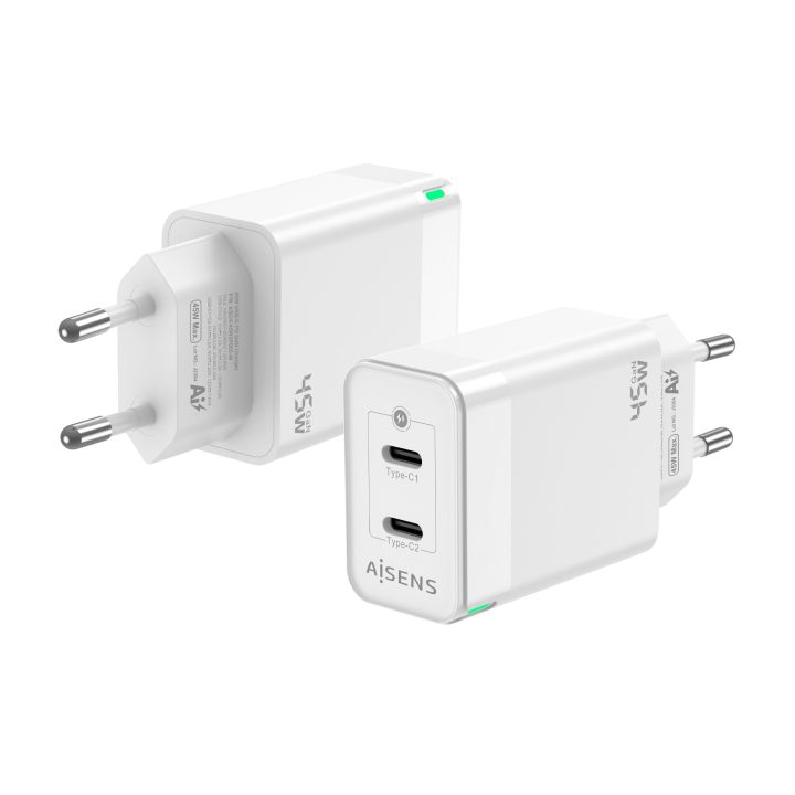 AISENS Carregador Gan 45W, 2xUSB-C PD3.0 QC4.0, Branco