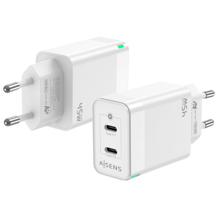 AISENS Carregador Gan 45W, 2xUSB-C PD3.0 QC4.0, Branco
